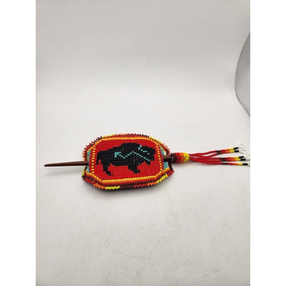 Handmade Beaded Buffalo Hair Barrette Stick Slide Leather Backed
